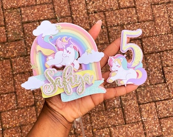 Unicorn Themed Custom Birthday Cake Topper | Personalised Pastel Unicorn Topper