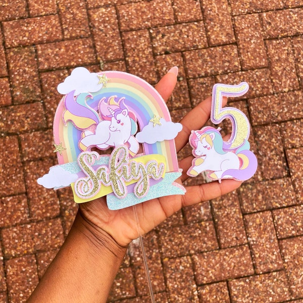 Décoration de gâteau d'anniversaire personnalisée sur le thème de la licorne | Décoration personnalisée licorne pastel