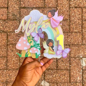 Fairy themed birthday cake topper, fairy rainbow cake topper with butterflies