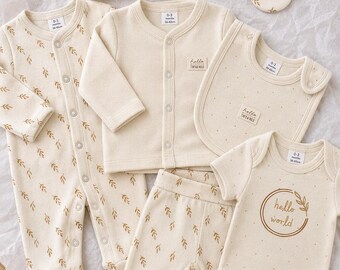 Ensemble bébé 8 pièces, 100 % coton | « Hello World », beige crème neutre | Barboteuse, body, bonnet à imprimé feuilles