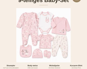 Ensemble essentiel pour bébé fille, 8 pièces, 100 % coton | Ensemble canard rose « Petite et aimée » | Barboteuse, body, pantalon, bonnet | Cadeau de naissance