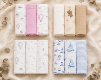 Lot de 3 langes en mousseline Sunnozy · 100 % mousseline de coton · 112 x 112 cm · Couverture d'emmaillotage, bavoir