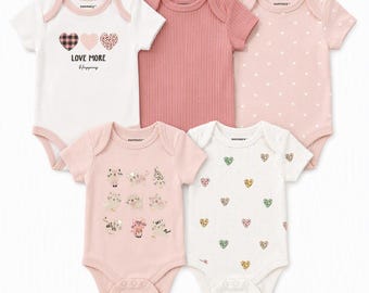 Ensemble de 5 bodies pour bébé fille | Bodies en coton à manches courtes | Imprimé cœurs et chatons | Cadeau de naissance | Body bébé rose et crème