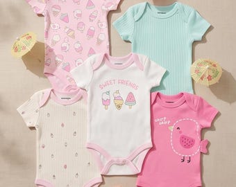 Lot de 5 bodies à manches courtes pour bébé – Été « Douces amies » (rose et menthe)