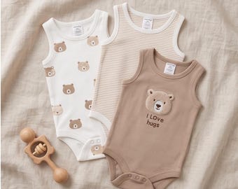 Lot de 3 bodies bébé sans manches 100 % coton | Ours « J’adore les câlins » | Rayures beige et marron | Cadeau idéal pour l’été et la naissance