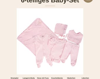 Ensemble essentiel pour bébé fille, 6 pièces, rose | Ensemble côtelé avec dentelle | Body, barboteuse, bonnet, couverture | Cadeau de naissance