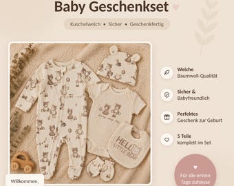 Coffret cadeau bébé 5 pièces « Bonjour petit ours » 100 % coton | Barboteuse, body, bonnet, couleur neutre | Cadeau de naissance