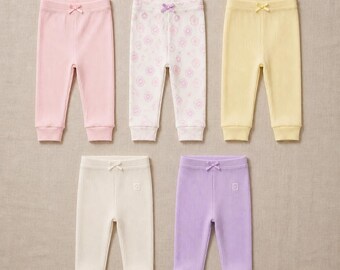 Ensemble de 5 leggings pour bébé fille | Pantalons en coton côtelé | Motifs pastel et fleuris | Cadeau de naissance | Pantalons bébé rose lilas