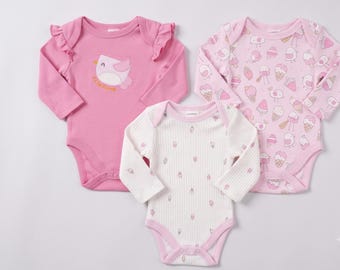 Ensemble de 3 bodies pour bébé fille | Bodies en coton à manches longues | Imprimé oiseaux et glaces | Cadeau de naissance | Body bébé rose indispensable