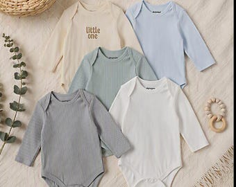 Ensemble de 5 bodies pour bébé | Barboteuse à manches longues pour bébé garçon et fille | Beige neutre, bleu et vert | Sunnozy Little One
