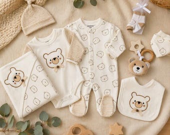 Ensemble bébé 8 pièces neutre | Ensemble nouveau-né ours en peluche | Barboteuse, body, bonnet, couverture | Cadeau bébé en coton