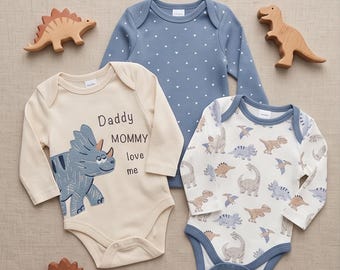 Ensemble de 3 bodies pour bébé garçon | Bodies en coton à manches longues | Imprimé dinosaure « Papa, maman, aimez-moi » | Cadeau de naissance | Body bébé bleu crème