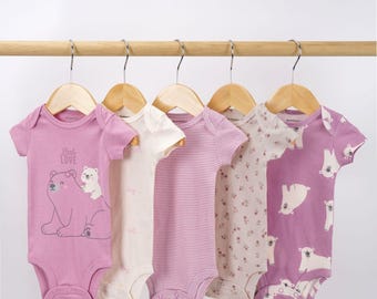 Body bébé fille, lot de 5 | Body manches courtes, ourson rose « Petit Amour » | Rayures florales, Essentiels bébé | Sunnozy 5B084