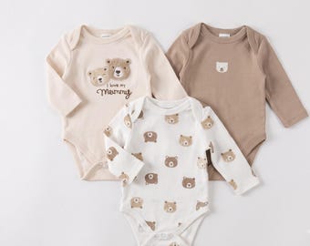 Lot de 3 bodies bébé « J'aime ma maman » | Body manches longues avec ours, beige/crème | Neutre, indispensable pour garçon/fille | Sunnozy