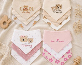 Lot de 3 bandanas pour bébé 100 % coton | Bandanas triangulaires avec bavoirs et oursons | Beige et rose neutres | Cadeau de naissance Sunnozy
