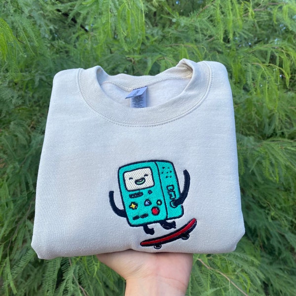 BMO Skater Embroidered Sweater, Sk8 Aesthetic Gift Hoodie, Y2K Adventure Time Stitched T-shirt, Punk Pop Culture 2000s Soft Grunge Crewnecks