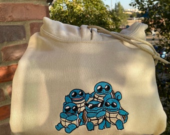 Squad of Squirtle 90s Edition Embroidered Sweater, Personal Anime Gift Hoodie, 90s Monster Stitched T-shirt, Pop Culture Aesthetic Crewneck