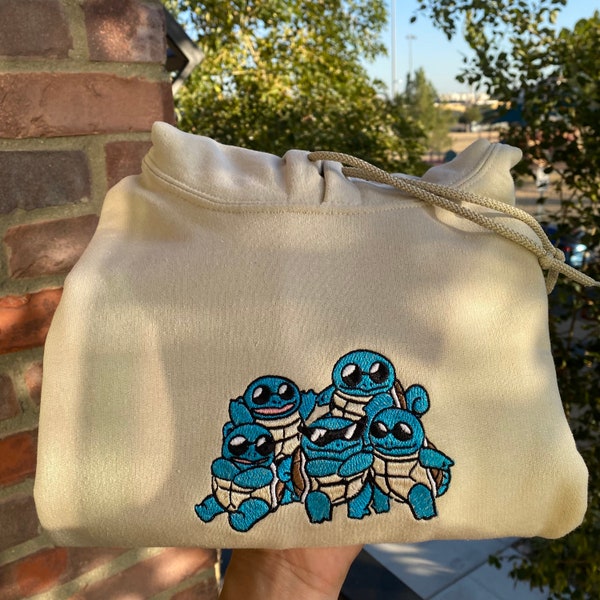 Squad of Squirtle 90s Edition Embroidered Sweater, Personal Anime Gift Hoodie, 90s Monster Stitched T-shirt, Pop Culture Aesthetic Crewneck