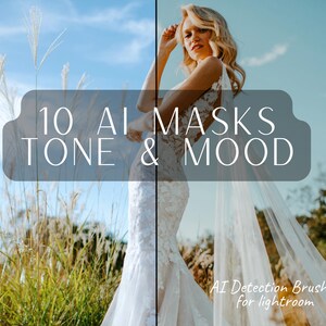 May include: 10 AI Masks Tone & Mood AI Detection Brushes for Lightroom. A bride in a white wedding dress stands in a field of tall grass.