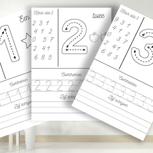 Makkelijke cijfers leren van 1 tot 10 | Nummers overtrekken, schrijven, herkennen | Nederlands | Werkblad voor soort | Educatief | Werkboek