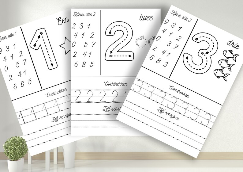 Makkelijke cijfers leren van 1 tot 10 Nummers overtrekken, schrijven, herkennen Nederlands Werkblad voor soort Educatief Werkboek afbeelding 1