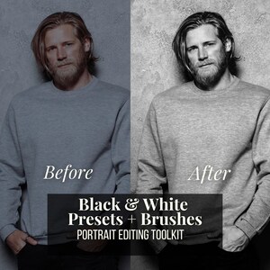 Ajustes preestablecidos de Lightroom en blanco y negro + Pinceles / Kit de herramientas de edición de retratos / Paquete de ajustes preestablecidos en blanco y negro