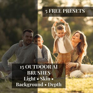 Op de afbeelding: Afbeelding van een familie in de buitenlucht, verdeeld in twee delen. Eén kant toont een vader en zoon, de andere kant een moeder en kind. Tekstoverlays: "5 FREE PRESETS" en "15 OUTDOOR AI BRUSHES".