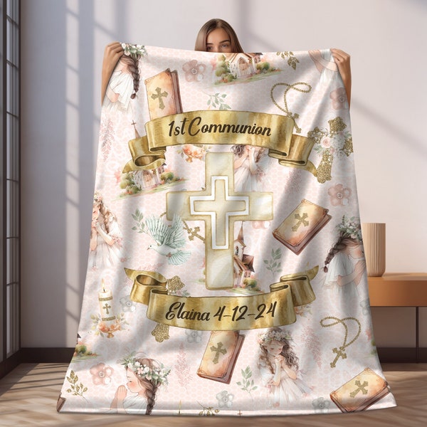 Girls First Communion Blanket Custom Name First Communion Gift for Girls, Personalized Communion Blanket Gift, Bible Rosary Cross Gifts