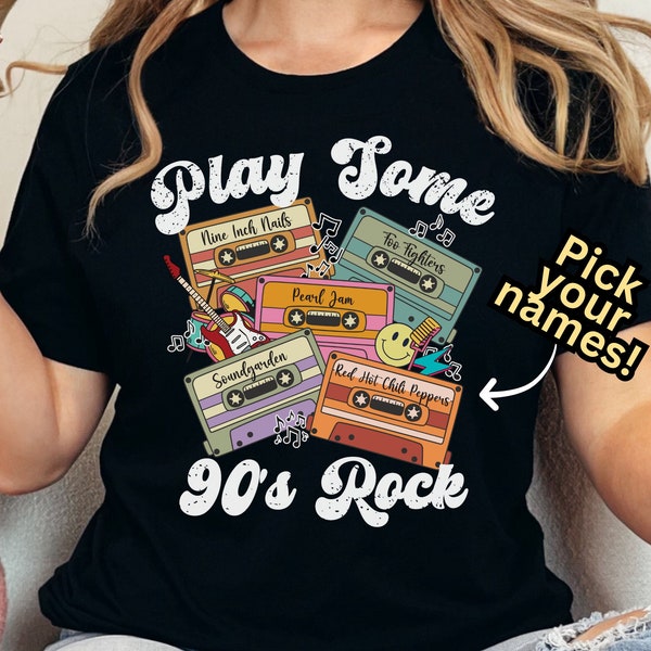 Play Some Custom 90s Rock Music Retro Cassette Tape Shirt, Personalized Song List Custom Playlist Tee 80s 90s Rocker Band Tour T-shirt Gift