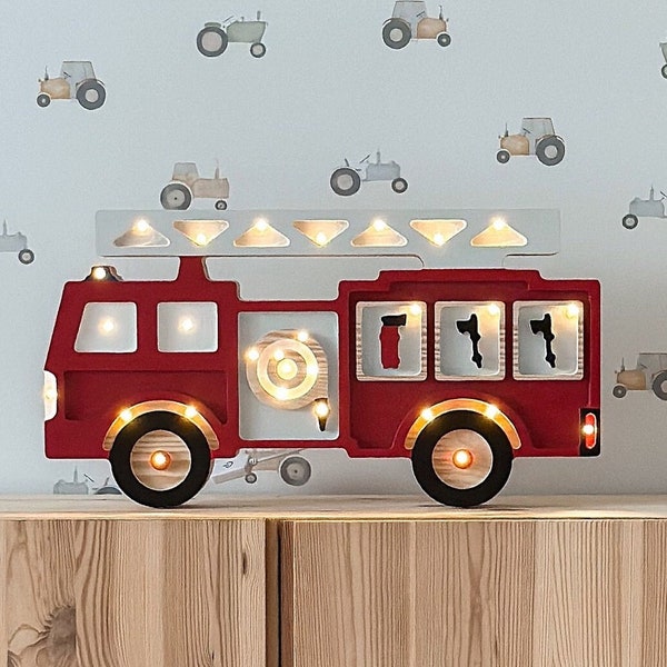 Feuerwehrauto-Lampe, Nachtlicht, Nachtlicht Feuerwehrauto, Feuerwehr Kinder, Feuerwehr Lampe, Nachtlicht, hölzernes Feuerwehrauto, Kinderzimmerlampe