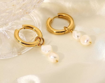 18k gold plated earrings, freshwater pearls, pearls for wife, sister, daughter, friend mother, hoop earrings, jewelry