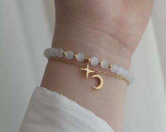 Perlen Armband, goldenes Armkettchen mit Mond und Stern, Cat Eye Perlenarmband
