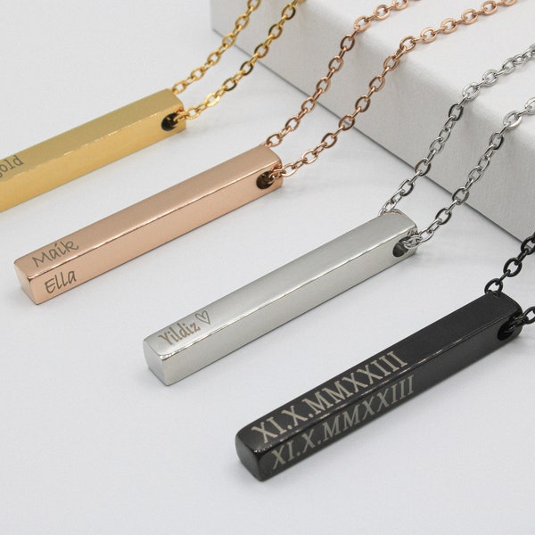 Personalisierte Säulenhalskette Bar Halskette mit Namen Koordinaten Gravur Gravurkette Gold Silber für Herren Damen | Balkenkette
