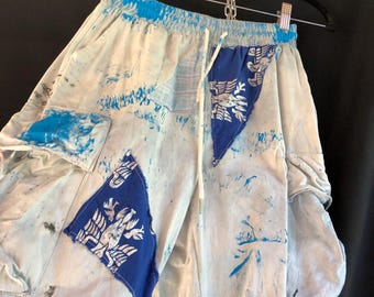Hose, blau patchwork