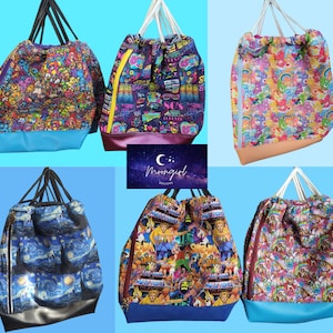 May include: A collection of drawstring backpacks with various colorful patterns. Designs include cartoon characters, 80s-themed graphics, Care Bears, a starry night scene, and He-Man characters. Each bag has a zippered side pocket and a contrasting bottom.