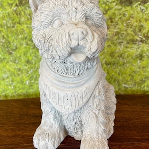 Yorkie “welcome” Statue - Sterling Statuary | Handmade solid concrete garden decor sculpture yorkshire terrier puppy dog |