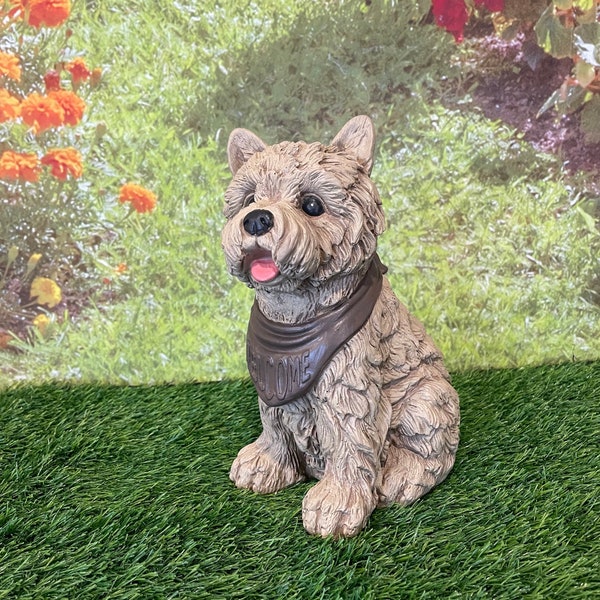 Yorkie “welcome” Statue brown - Sterling Statuary | Handmade solid concrete garden decor sculpture yorkshire terrier puppy dog |