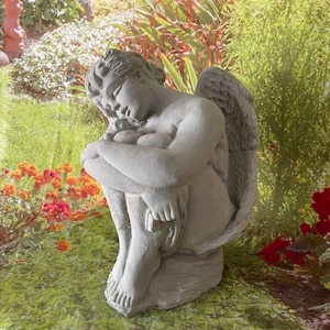 Large Sitting Angel Statue - Sterling Statuary | Handmade brand new solid concrete garden decor stone cement memorial sculpture |
