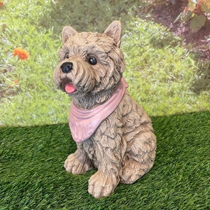 Yorkie “welcome” Statue - Sterling Statuary | Handmade solid concrete garden decor sculpture yorkshire terrier puppy dog |
