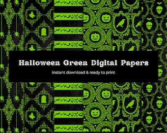 Halloween Green Digital Paper, Gothic Halloween Scrapbook Paper, 12x12 Junk Journal Ephemera, Skulls Spiders, Vintage Halloween Paper