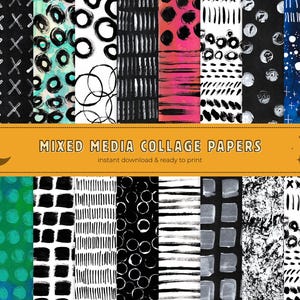 Puede incluir: Una colección de papeles de collage de técnicas mixtas con varios diseños abstractos. Los papeles presentan patrones en negro, blanco, turquesa, rosa y azul. El texto "MIXED MEDIA COLLAGE PAPERS instant download & ready to print" está en una pancarta.