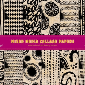 May include: A selection of mixed media collage papers featuring diverse black and white patterns. Designs include geometric shapes, abstract swirls, and floral motifs. The papers have a vintage aesthetic, with text visible in the background. The text on the image reads "MIXED MEDIA COLLAGE PAPERS".