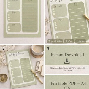 Puede incluir: Una plantilla de planificador diario en color verde salvia con secciones para fecha, prioridades, notas y lista de tareas. El diseño incluye bordes y encabezados en blanco. El documento es un PDF imprimible en tamaño A4, listo para descargar y usar en casa o en una imprenta.
