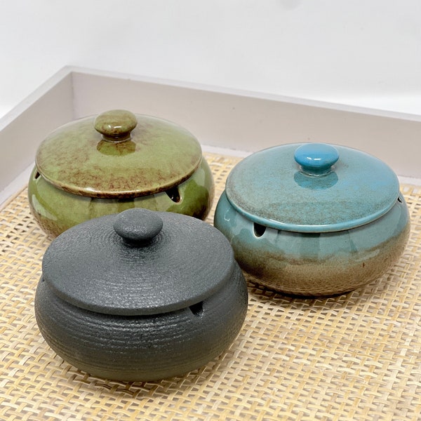 Glazed Ceramic Ashtray in Green, Blue and Charcoal