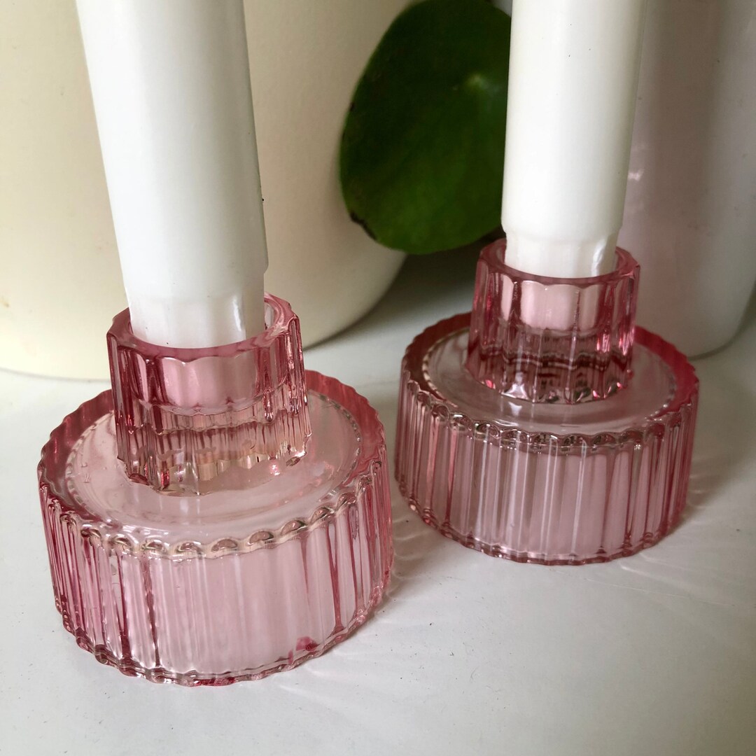 Set of Pink Glass Candle Holders Etsy