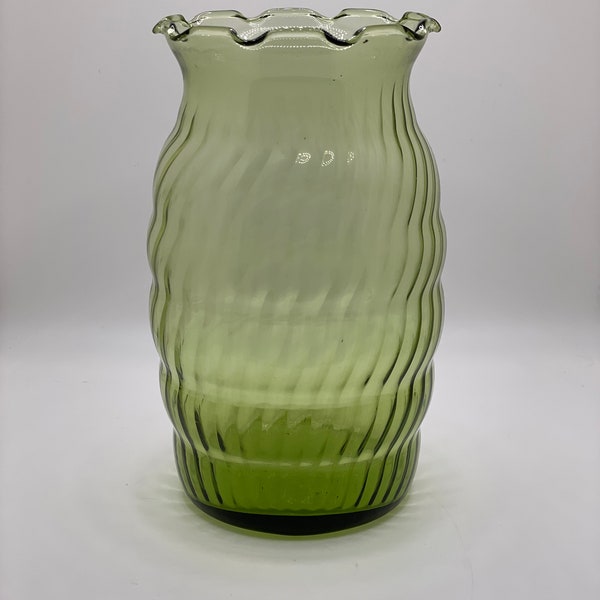 1960's Anchor Hocking Avocado Green Swirl Glass Vase