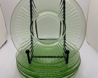 1935 Economy Glass Co. Uranium Depression Glass Round Robin Green Tea Saucers (Set of 5)