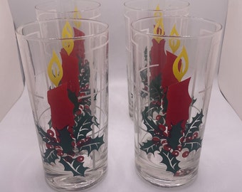 Set of 8 Vintage Christmas Candle & Snowflakes Drinking Glass Set