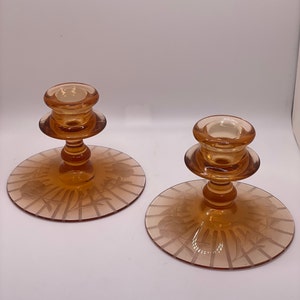 1930s Amber Depression Glass Candlestick Holders (Set of 2)