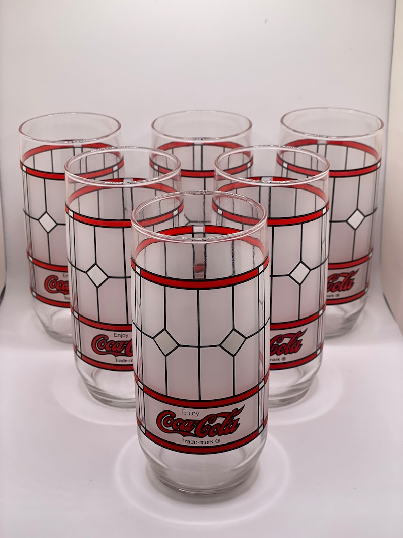 1980 s coca cola drinking glasses frosted stained glass look 16 oz set